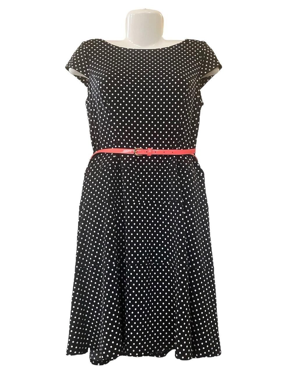 Christopher & Banks Women's B/W Polka Dot Cap Sleeve Dress w/ Pink Belt Size 10